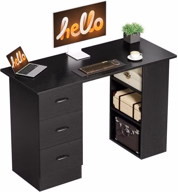 Rolipo Minimalist Computer Desk with Drawer Unit and Storage Shelves in Black