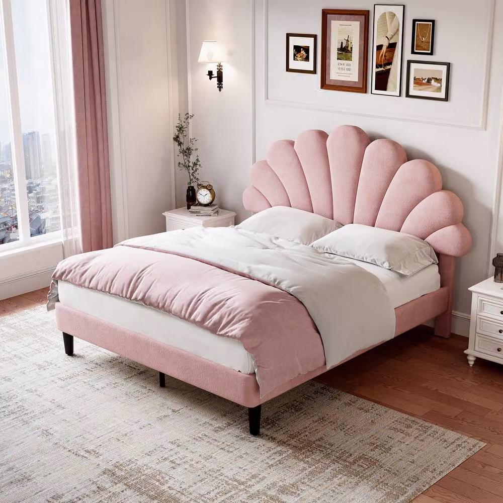 Merax Double Upholstered Velvet Bed with Chic Petal Headboard in Pink, W/D/H: 140 x 200 cm – 2