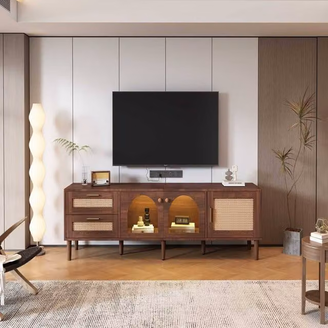 STILVORA Mid-Century Brown TV Cabinet with LED Lighting, Drawers, Rattan and Glass Details – 1