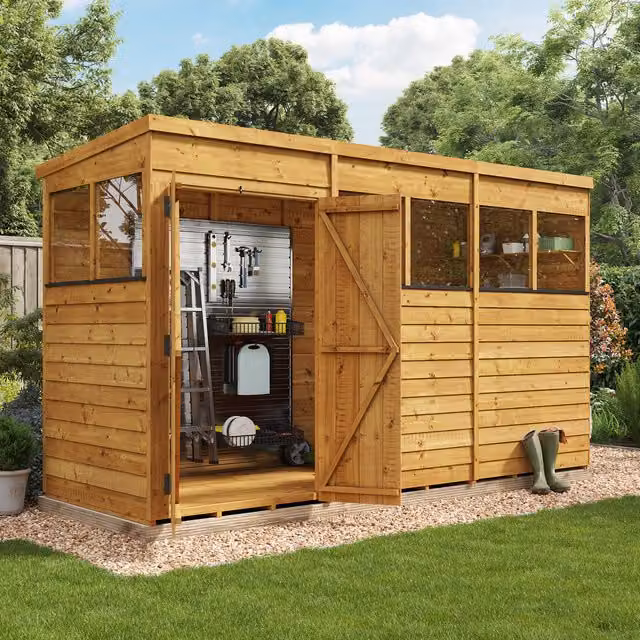 BillyOh Rustic Brown Wooden Pent Shed with Window, W: 365.7 cm, D: 121.9 cm