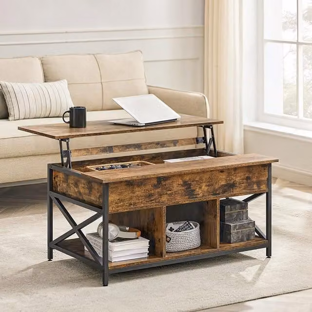VASAGLE Industrial Lift-Top Coffee Table with Open and Hidden Storage in Bronze