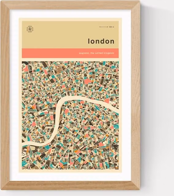 East End Prints London Streetguide Orange Framed Art Print in Multicolour and Beige