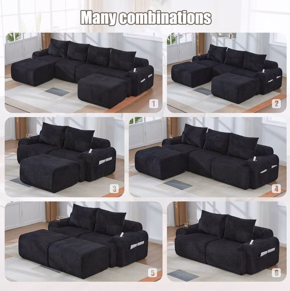 STILVORA 2-Seater Black Corduroy Upholstered Sofa with Cup Holder, W: 200 cm, D: 80 cm, H: 80 cm – 7
