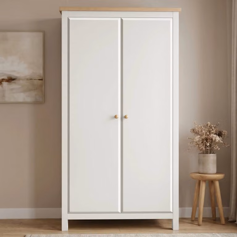 DHS White Oak Lacquered 2 Door Double Wardrobe with Soft Close Doors, Internal Shelves and Hanging Rod, H 186 x W 98 x D 56 cm