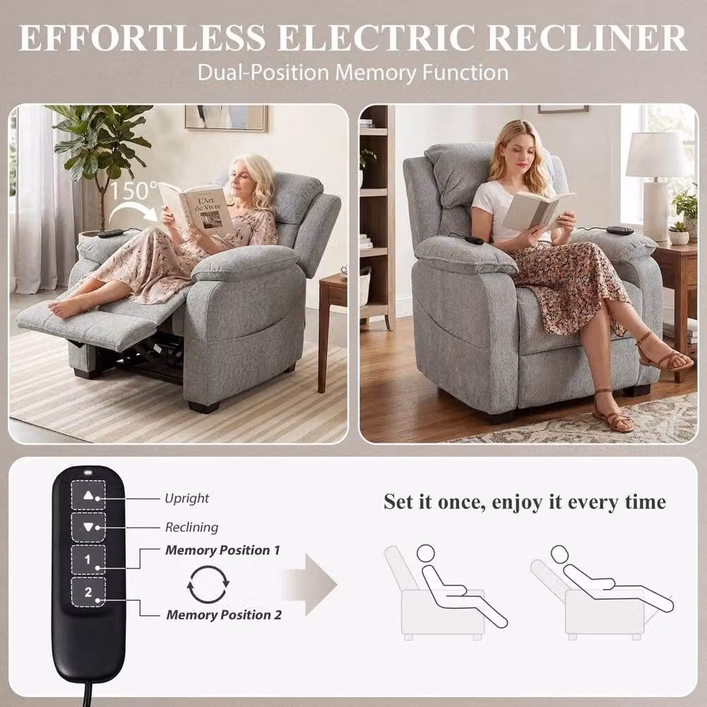 FORGEVIO Power Recliner Chair with Massage and Heat in Grey Velvet Fabric – 4