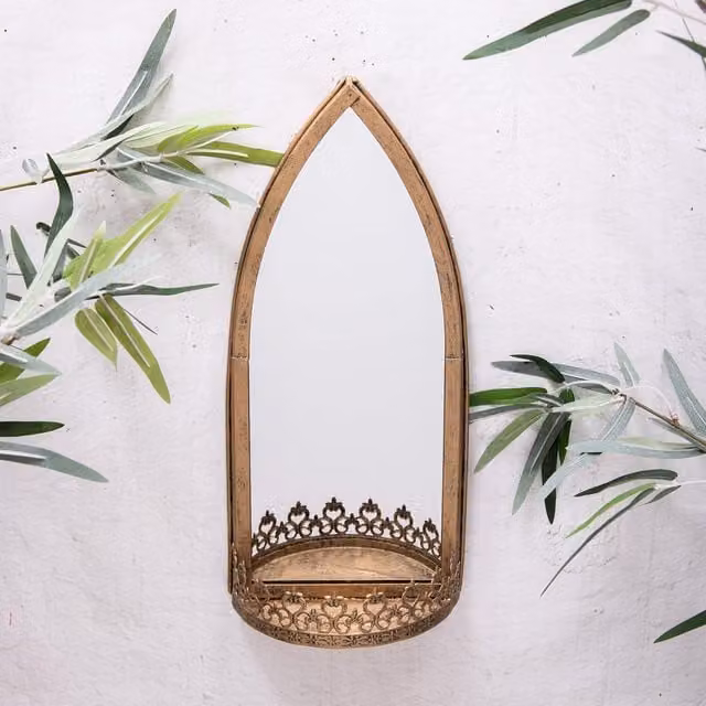 Annibells Gold Metal Vintage Round Garden Wall Mirror with Shelf, Diameter: 36 cm