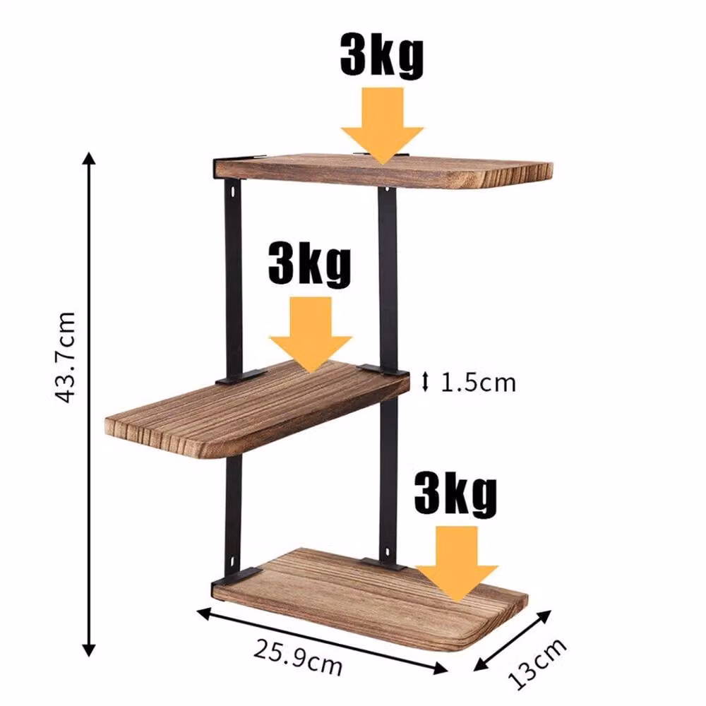 VOGREX 3 Tier Corner Floating Wall Shelves in Brown and Black, W/D/H: 43.7 x 25.9 x 13.0 cm – 2