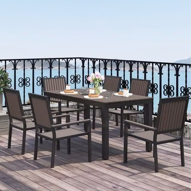 Outsunny 6 Seater Aluminium Patio Dining Set with Stackable Chairs, Brown