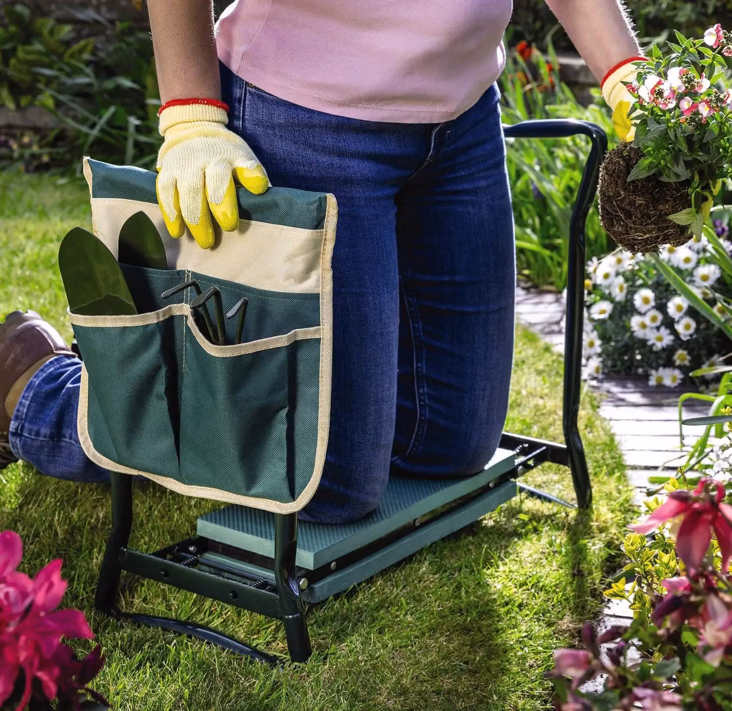 mysmartbuy Garden Kneeler and Hand Tool Set in Green with Foam Padding, Side Pocket, and 2 Trowels and Rake – 2