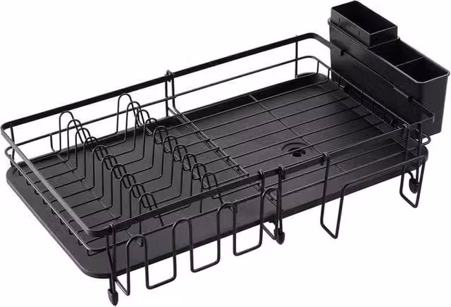 KORVIXA Expandable and Foldable Dish Drainer in Black, W: 30 cm, D: 44-69 cm, H: 15.5 cm