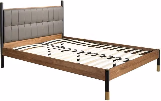 Angel Cerda Modern Double Bed in Dark Grey Leatherette and Walnut Veneer, W/D/H: 160 x 200 x 112 cm – 1