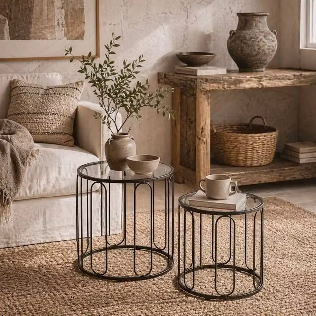 Wyld Haus Roro Set of 2 Black Oval Nesting Tables with Glass Tops and Metal Sled Base – 1