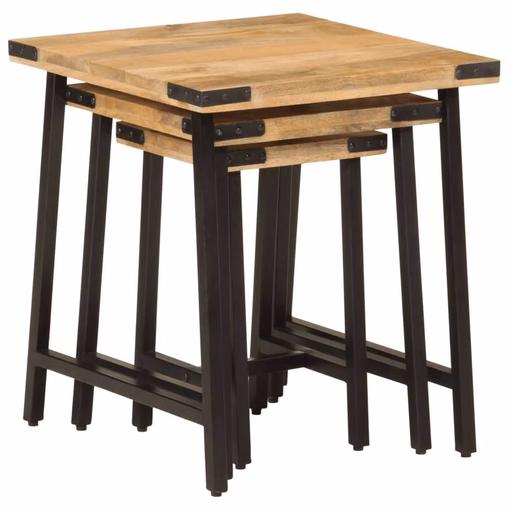 Berkfield Home Nesting Coffee Tables, Set of 3, Brown Mango Wood and Black Iron – 3