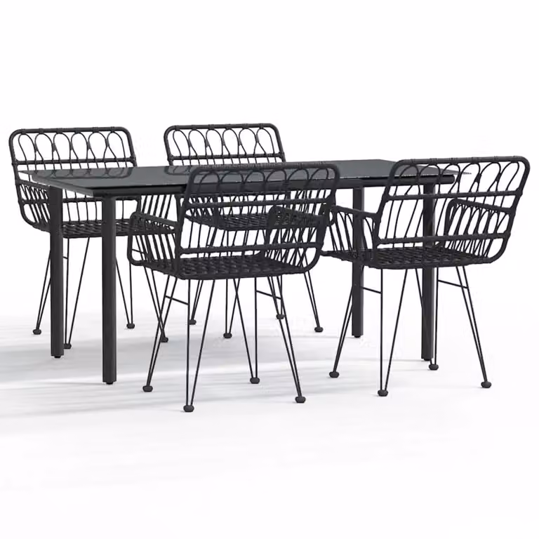 Berkfield Home 5 Piece Black Poly Rattan Garden Dining Set with Glass Top Table