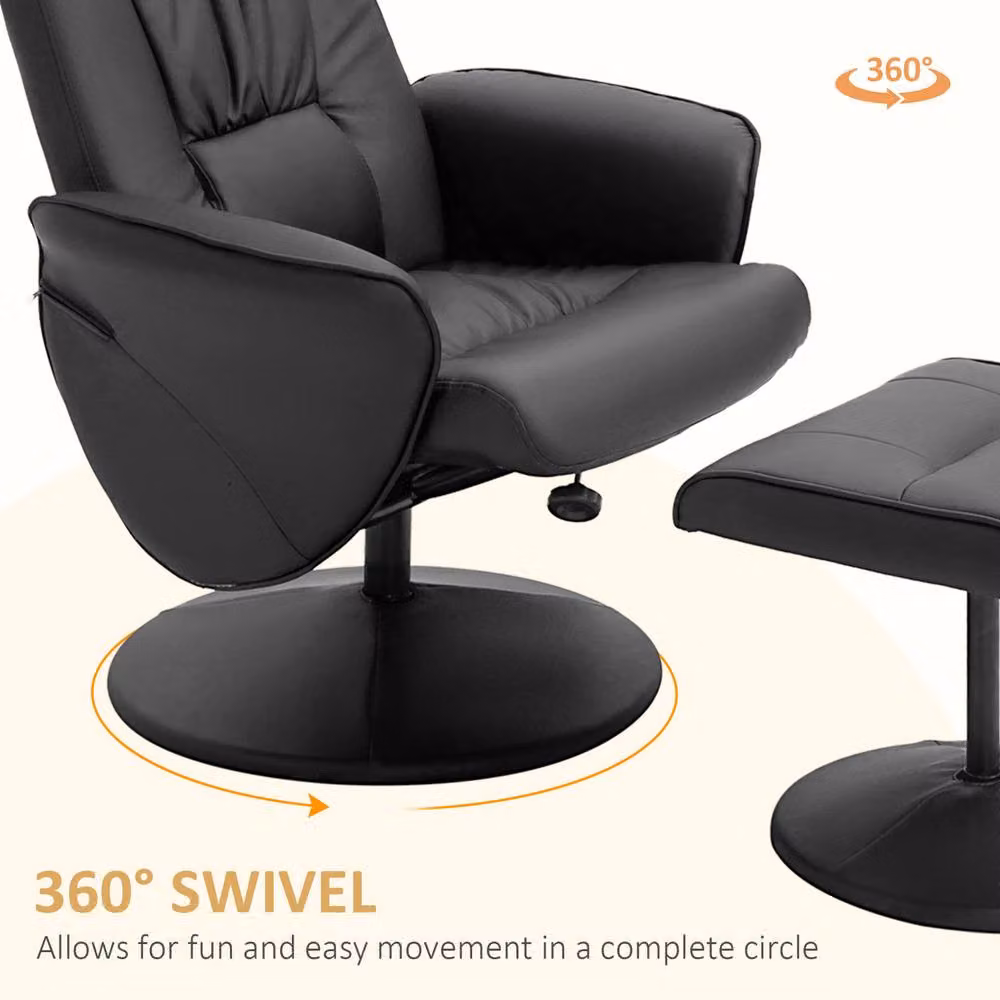 STILVORA Modern Black Synthetic Leather Recliner Armchair and Ottoman Set with 360 Degree Swivel and Manual Lever – 5