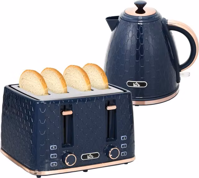 HOMCOM Kettle and Toaster Set in Blue, featuring a 1.7L 3000W Fast Boil Jug Kettle and a 4-Slice Toaster with 7 Browning Levels – 1