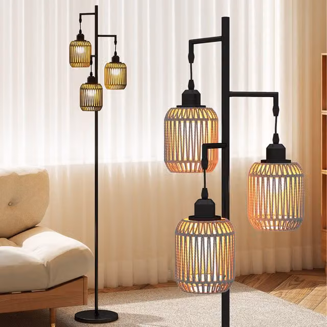 COSTWAY Black Freestanding Tall Floor Lamp with Rattan and Metal Cylinder Shade