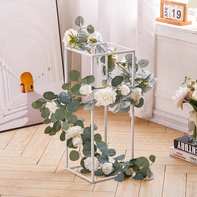 Livingandhome Artificial Eucalyptus and Rose Flower Vine Garland in Green and White for Hanging Wall Decor