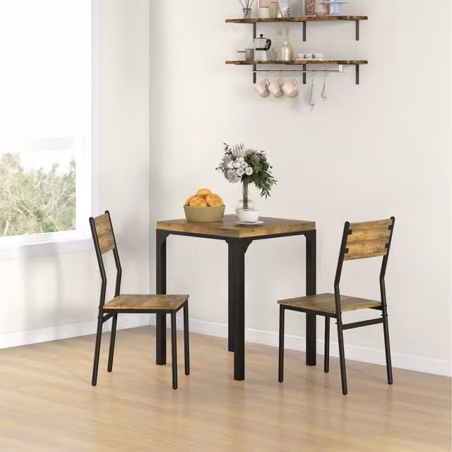HOMCOM 3 Piece Compact Dining Set with Square Table and 2 Chairs in Brown
