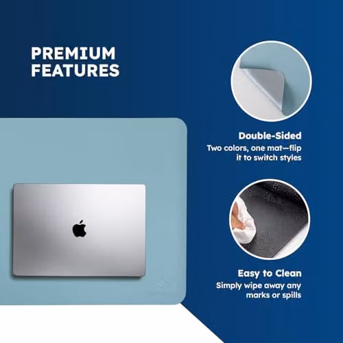 Desiretech Reversible PU Leather Desk Mat, Waterproof Dual-Sided Table Protector in Light Blue and Silver, W: 80 cm, D: 40 cm – 3