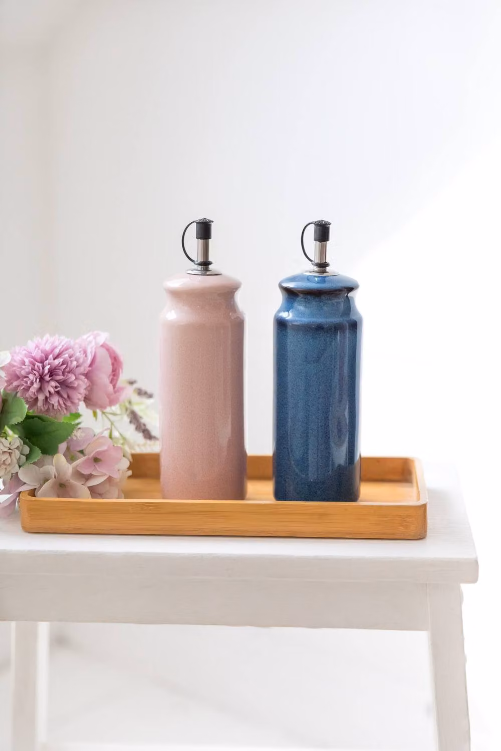 Upper Street Set of 2 Pink and Blue Reactive Glaze Ceramic Oil and Vinegar Bottles with Stainless Steel Pourers, 375ml each – 2