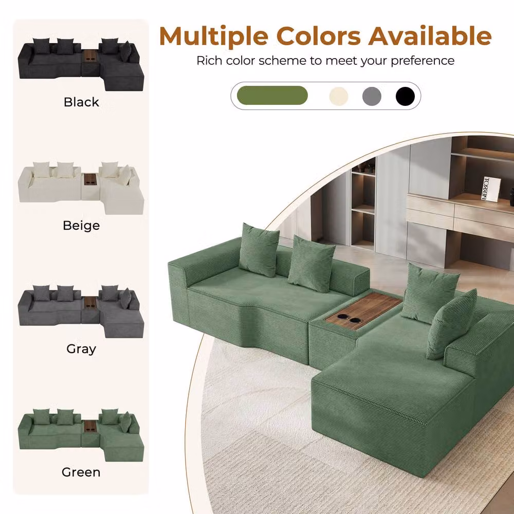 Dprodo Green Corduroy Right L-Shaped Modular Sofa with Cup Holder Table and Scatter Cushions, Width: 320 cm – 6