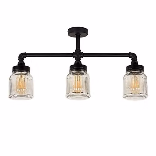 MiniSun Luiggi Industrial Steampunk 3 Way Bar Ceiling Light in Black with Transparent Ribbed Glass Jar Shades – 1