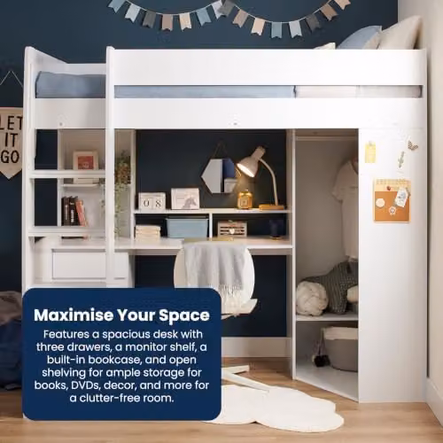 Flair Furnishings Harper High Sleeper Bed with Desk and Wardrobe, White, H 178 x W 90 x D 119 cm – 3