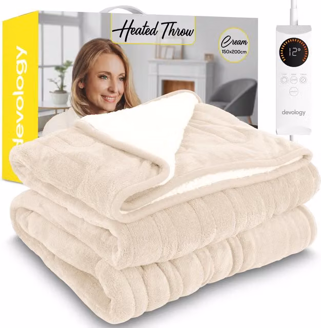 Devology Electric Heated Throw Blanket with 6 Settings, Machine Washable, Beige Shearling, W: 150 cm x D: 200 cm
