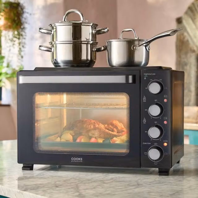 Cooks Professional 34L Mini Oven with 2 Ceramic Hobs and Grill, Black and Silver