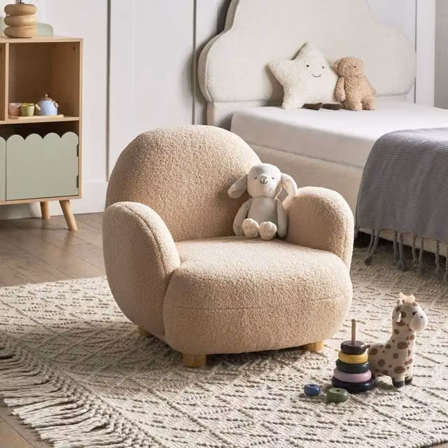 Wyld and Coco Kids Armchair in Beige Boucle with Rubberwood Legs – 1