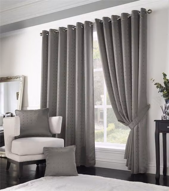 Luxury Living Adi Dotted Silver Eyelet Curtains, Width: 168 cm, Drop: 137 cm – 1