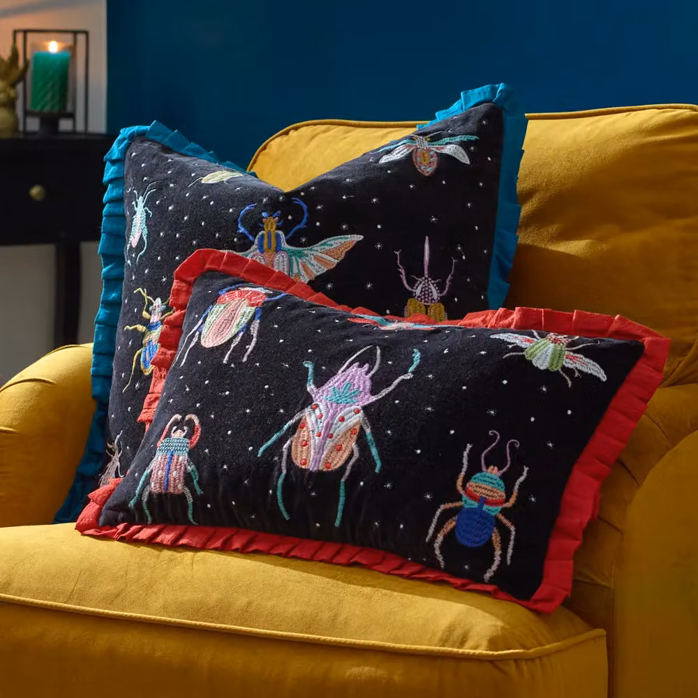Wylder Tropics Darkling Beetles Embroidered Velvet Cushion in Black, W: 50 cm, H: 30 cm – 5