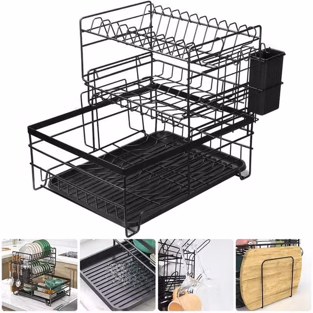 PAWNORA 3 Tier Metal Kitchen Dish Drainer Rack with Drip Tray and Cutlery Holder, Black