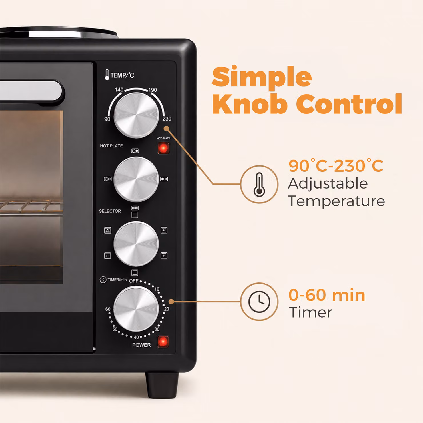 HOMCOM 36L Mini Electric Countertop Oven with Dual Hot Plates, Convection and Grill, Black – 7