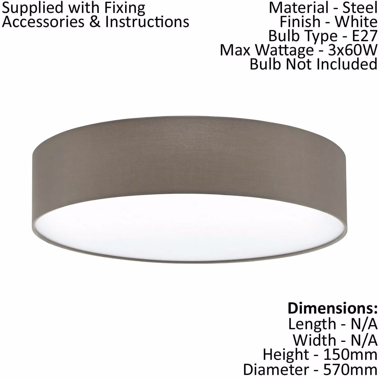 Loops Flush Ceiling Light in White and Taupe with Fabric Shade, E27, 3x60W – 2