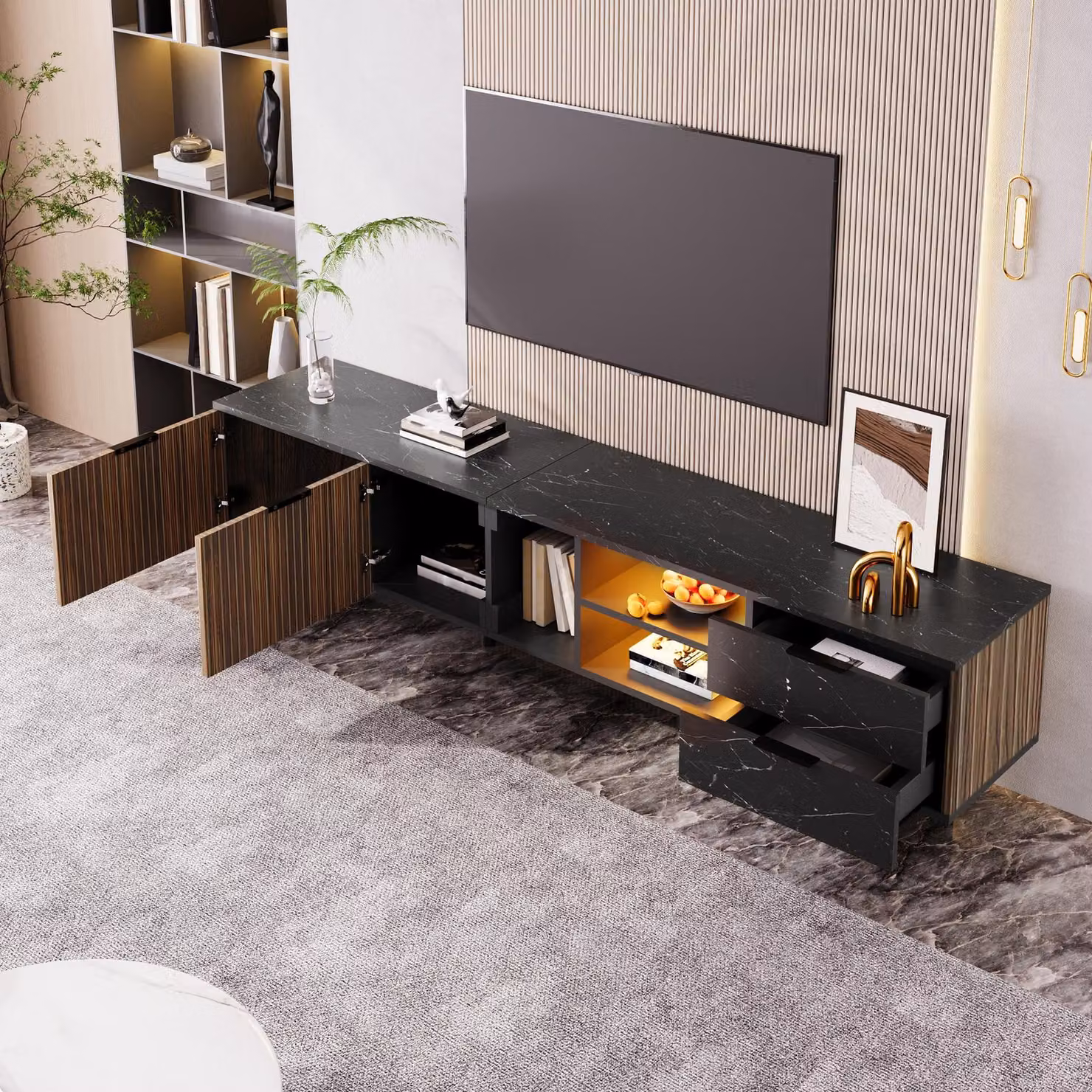 Aosom UK Modern TV Cabinet with 2 Wood-Grain Doors and 2 Open Shelves in Black and Wood, W: 200 cm, D: 38 cm, H: 50 cm – 4