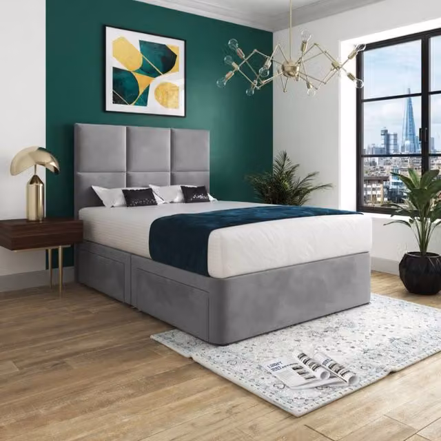 KDMD Ixworth Grey Upholstered Designer Bed Frame with Floorstanding Headboard and Drawers, W/D/H: 120 x 200 cm