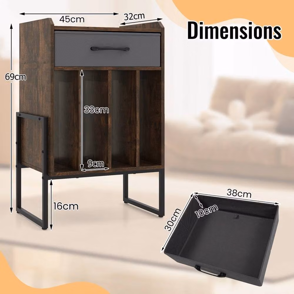 Havendro Industrial Record Player Stand with Drawer and Vinyl Holder Display Shelf in Brown and Multicolour – 2
