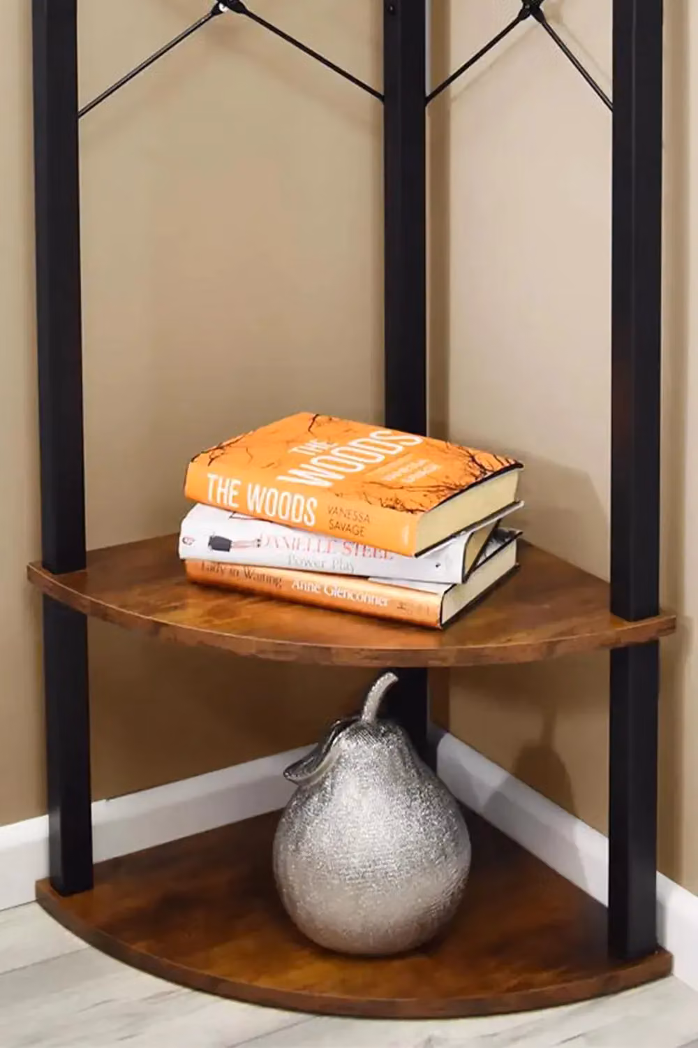 FWStyle Modern 3 Tier Corner Shelving Unit in Walnut Effect and Black Metal – 3