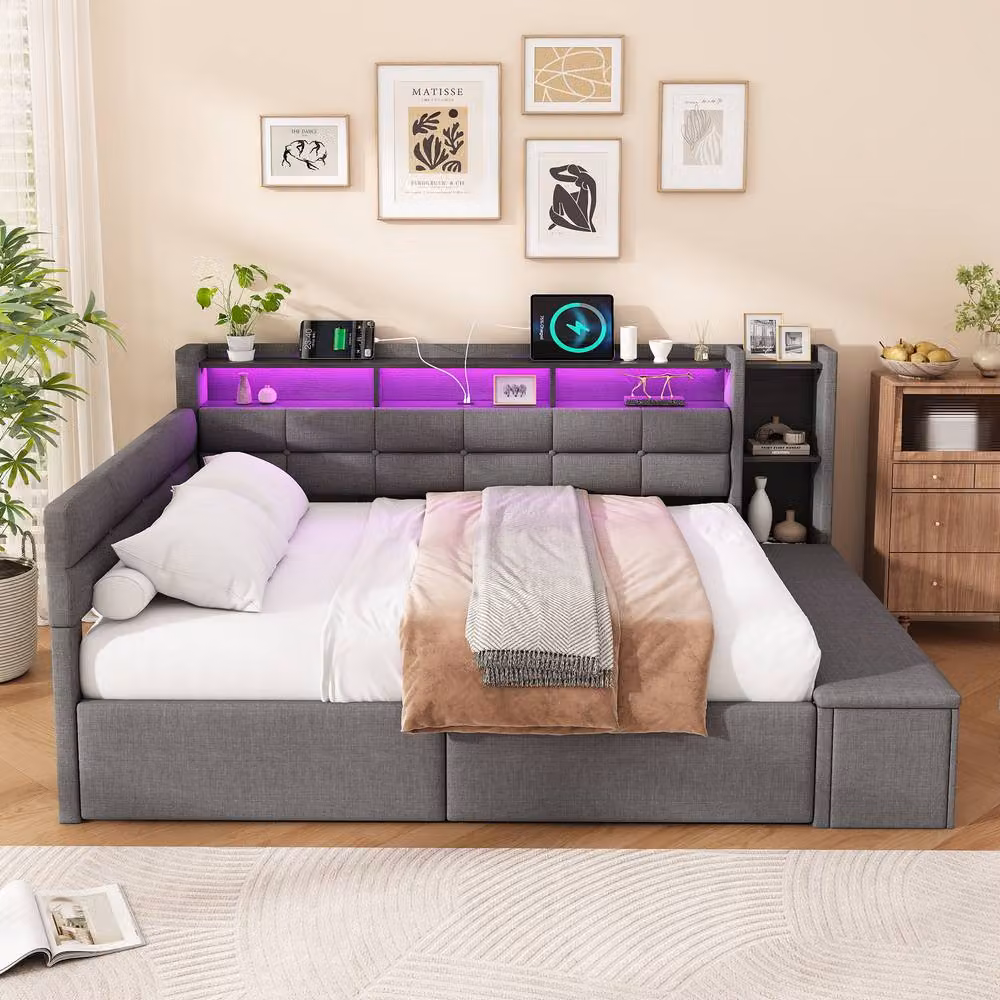 Merax Double Upholstered Storage Bed in Grey with LED Lighting, USB Charging Port and Drawers, W/D/H: 140 x 200 x 149 cm – 5