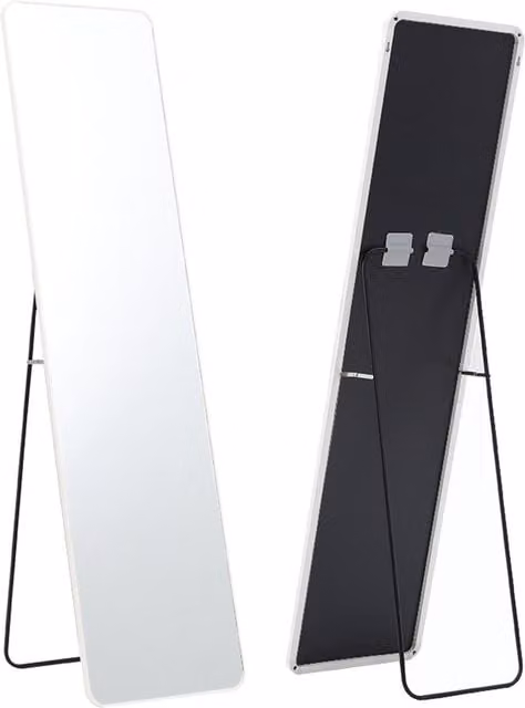 Kidkid Modern Rectangular Freestanding Mirror with Metal Frame in Silver and White