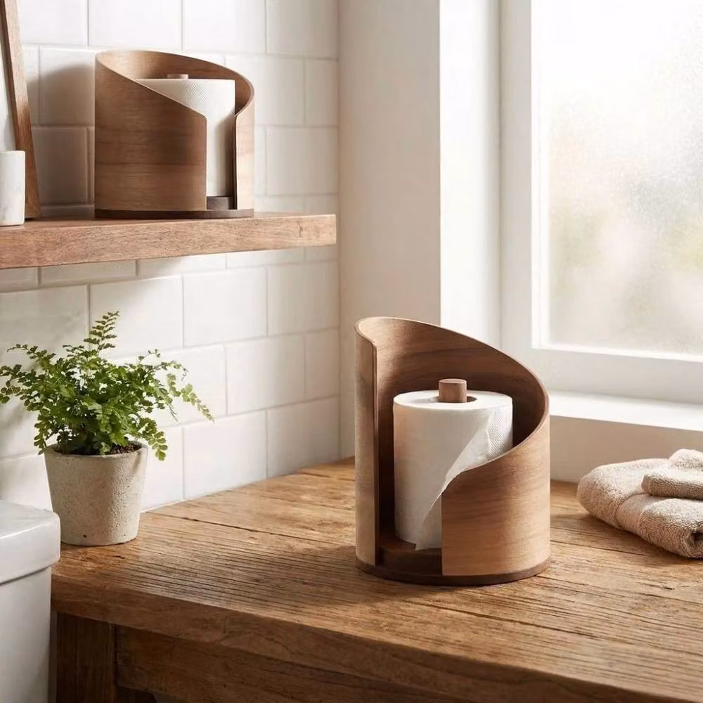 SPETLEK Round Wooden Paper Towel Holder and Tissue Storage Box in Brown – 3