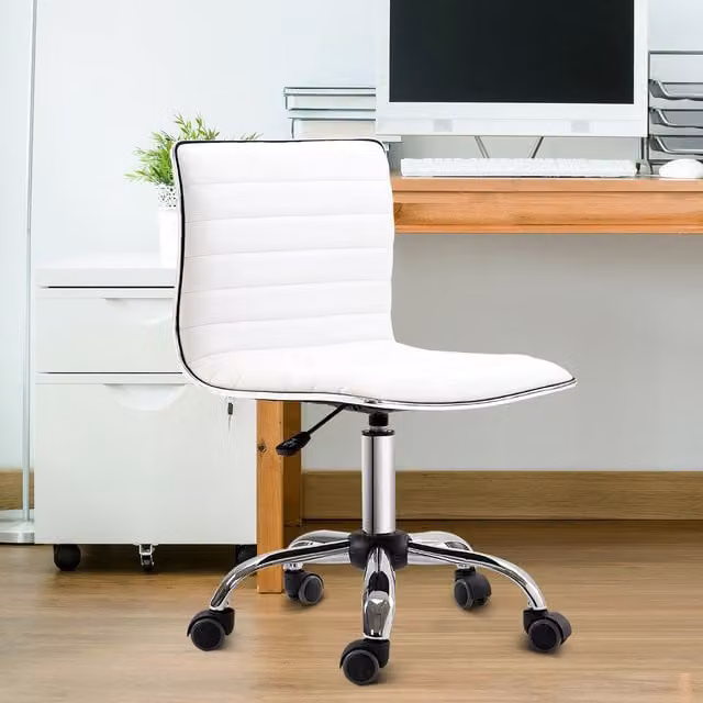 HOMCOM White PU Leather Armless Task Chair with 360 Degree Swivel and Castors