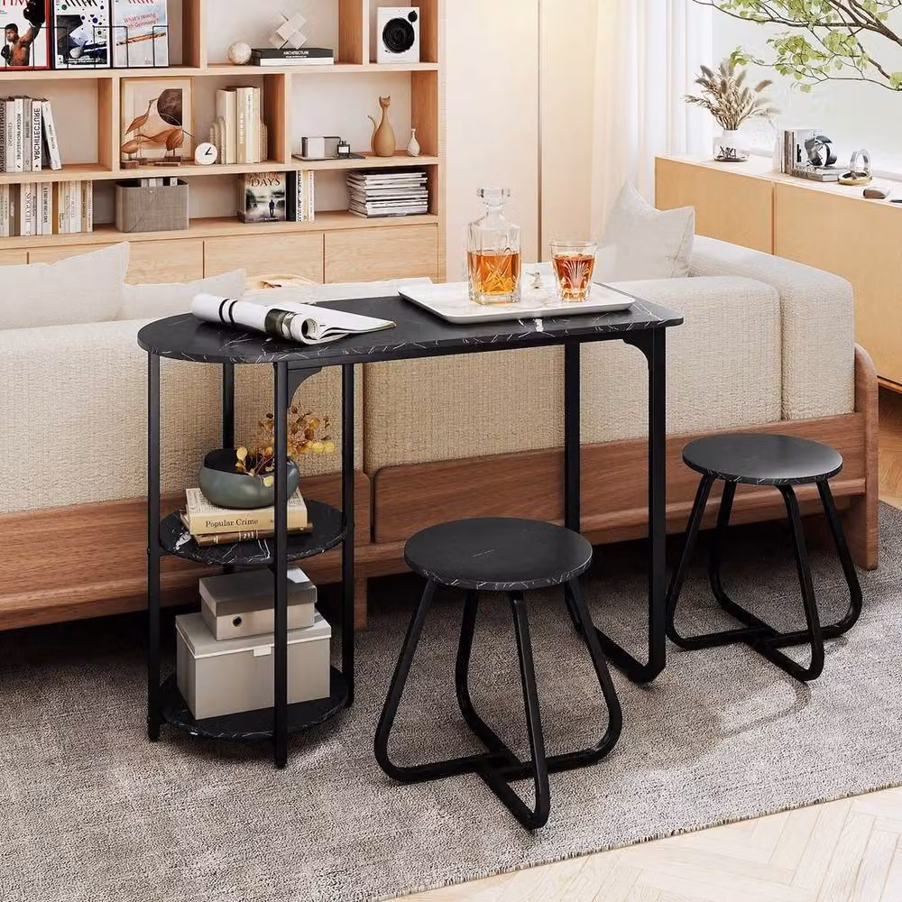 VOGREX Bar Table Set with 2 Stools and 2 Storage Shelves in Black – 5