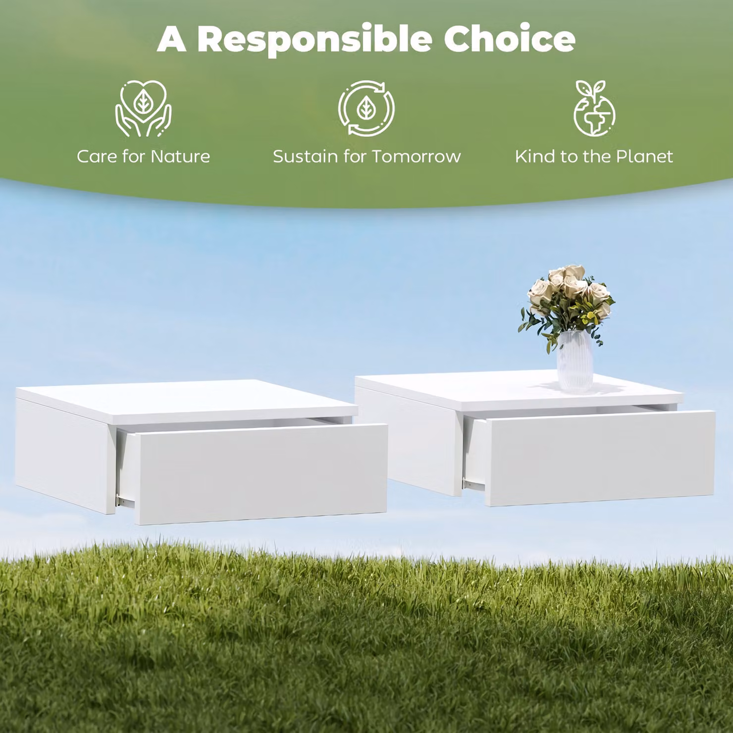 HOMCOM Set of 2 Wall-Mounted Floating Bedside Tables with High Gloss Finish and Storage Drawer, White – 3