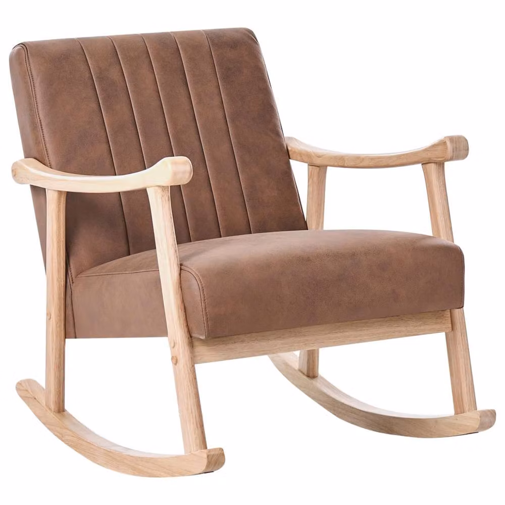 Wyld and Coco Rocking Armchair in Brown Faux Leather with Rubberwood Legs – 2