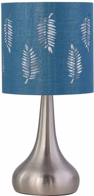 First Choice Lighting Romana Touch Operated Table Lamp in Brushed Chrome with Teal Fabric Shade – 1