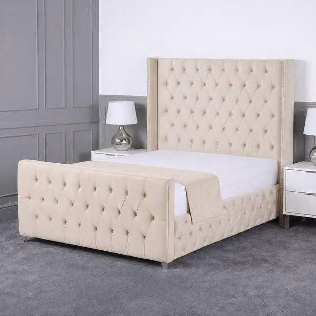 Living Comfort Bedz Executive Luxe Upholstered Gas Lift Storage Bed in Beige, Size: Double (140 x 200 cm)