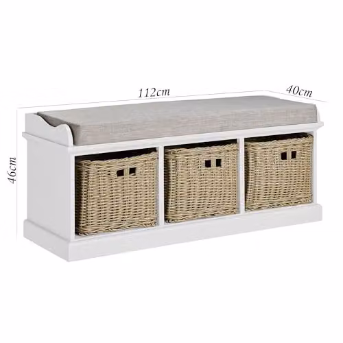 Statement Furniture Tetbury White Storage Bench with 3 Brown Baskets and Grey Cushion, W: 112 cm – 2